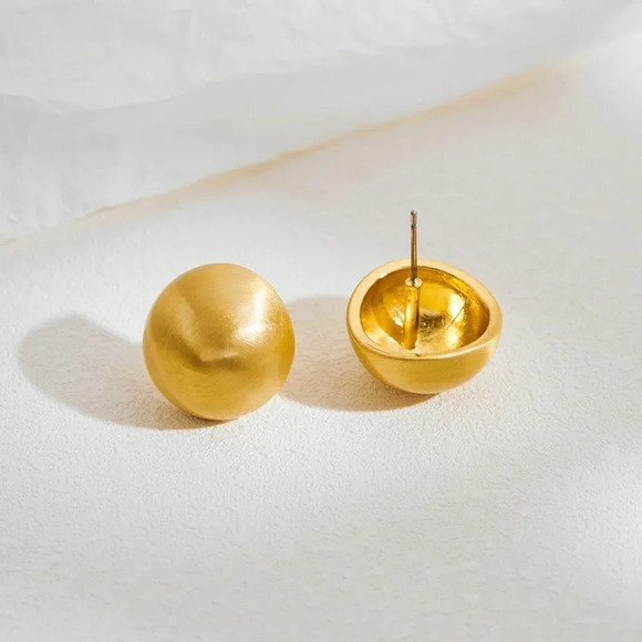 Women  Stud Earrings Half-ball Mattle Gold Sliver Studs 14K Brushed Button - Picture 5 of 7